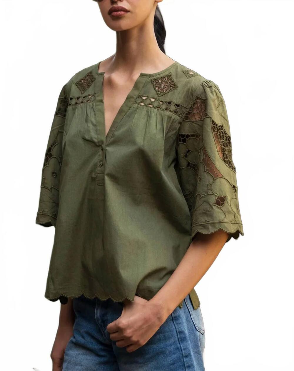 NEW ROSE AND ROSE delphinium cuckooo flower embroidered top in olive